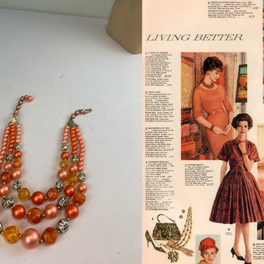 Toned To Perfection - Vintage 1950s 1960s Coral & Rust Pearl Beads 3 Strand Necklace 