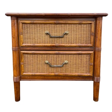 Vintage Rattan Nightstand by Dixie FREE SHIPPING - Brown Faux Bamboo Wood and Wicker Hollywood Regency Coastal Boho Chic Style Furniture 