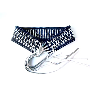 Vera Neumann Vintage Suede Statement Belt, Blue Suede with White Lacing, Grommets and Fringe Tie Ends, Mod Hippie Boho Fashion Belt 