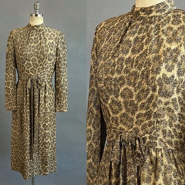 1960s Lamé Dress / 1960s Adele Simpson Leopard Print Lamé Dress / Animal Print Dress / Size Medium 