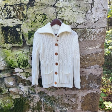 Vintage 1970's Cable Knit Acrylic Shawl Collared Cardigan Sweater / Medium 