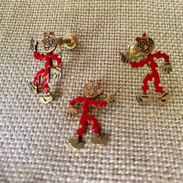 Mid Century Reddy Kilowatt Clip Earrings And Stick Pin 