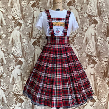 Vintage 1950s plaid suspender skirt, 50s full pleated skirt, tartan school girl uniform, x-small 24 waist 