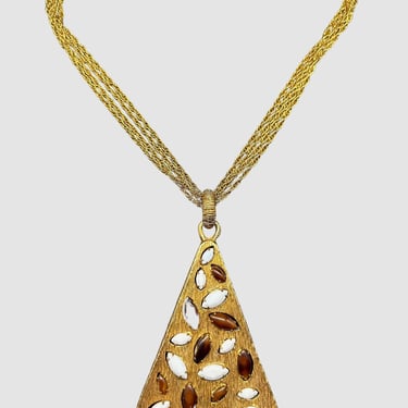 MYSTICAL PYRAMID Vintage 60s 70s Four Chain Gold Tone Necklace w/ Gem Set Pendant | 1960s 1970s Jewelry , Midcentury Modern Statement Piece 