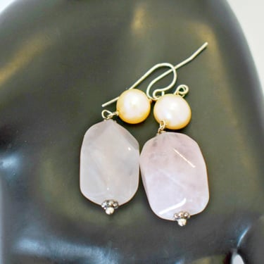 70's rose quartz pearl sterling hippie couture dangles, pink & cream 925 silver boho bride earrings 