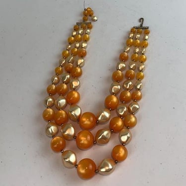 Because You Like Luxury - Vintage 1950s 1960s MoonGlow Orange & Gold Faux Pearl Bead 3 Strand Necklace 