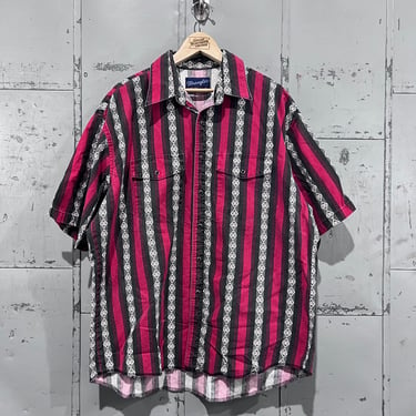 Vintage 90s Wrangler  Rancher Western Button Up short Sleeve red and black striped  Printed Funky Crazy Striped Brushpopper 