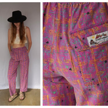 80s Parachute Pants / Cotton with Abstract Weird Print / High Waist Chill Pants / Skater Trousers / Eighties Printed Trousers 