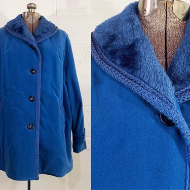 Vintage Faux Suede Winter Coat Quilted Lining Blue Jacket Hipster Faux Fur Collar Cozy 1980s 1970s Peacoat Curvy Volup Large XL Deadstock 