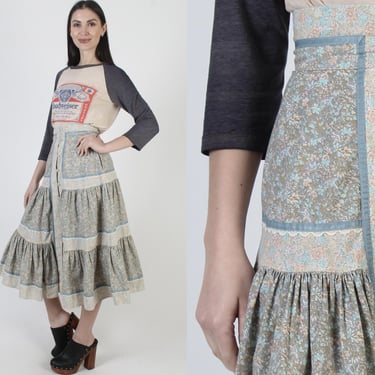 Gunne Sax Bird Skirt, Vintage 70s Cottagecore, Jessica McClintock Size 7, Button Up With Pockets 