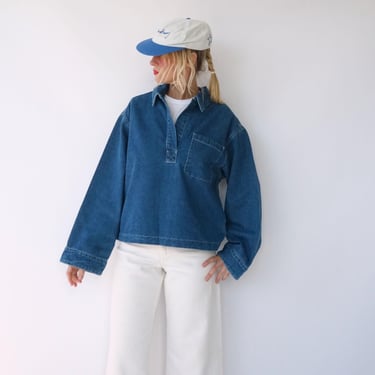 Vintage Medium Denim Lightweight Popover Tunic Shirt | Cotton Henley Pullover | Artist Studio Top 