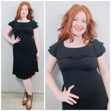 1990s Vintage Molly Malloy Crinkle Rayon Ruffle Collar Dress / 90s / Short Sleeve Stretch Black Dress / Size Medium 