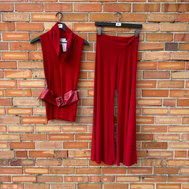 vintage y2k red turtleneck belt and flare pants suit / s small 