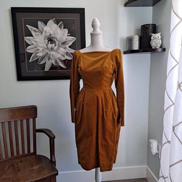 Late 1950's early 1960's Gorgeous Joy Time Honey Caramel Velvet Long Sleeve Dress 23" Waist 