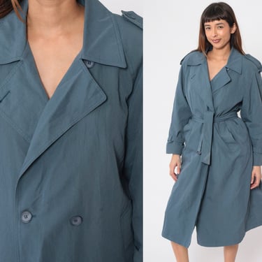 90s London Fog Jacket Blue Trench Coat Midi Double Breasted Button Up 1990s Belted Shoulder Epaulette Collared Medium 10 Petite 