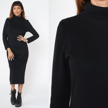 90s Black Turtleneck Dress Midi Long Sleeve Stretch Form-Fitting Vintage High Neck Simple Elegant Small 