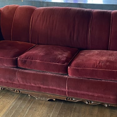 Maroon Velvet Couch w Carved Wood Accents
