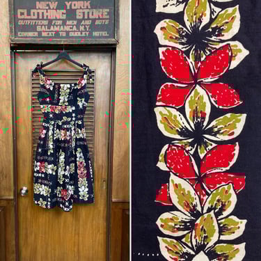 Vintage 1950’s Shaheens Surf N Sand Label Black Background Cotton Floral Tiki Hawaiian Rockabilly Dress, 1950’s Dress, Hawaiian Dress, Tiki 