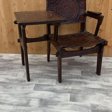 Vintage Tooled Leather Primitive Wood Base Gossip Chair by Angel Pazmino