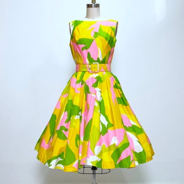 Neon Flowers Circle Skirt Vintage Dress