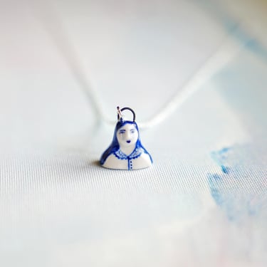 Mini Lady Pendant Necklace, Blue White Ceramics, Hand Sculpted Charm, Handmade Porcelain, Pendant Charm, Silver Chain, Miniature Sculpture 