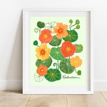 Nasturtium 8 X 10 Art Print/ Orange and Green Flower Illustration/ Botanical Still Life Wall Art/ Floral Mixed Media Decor 