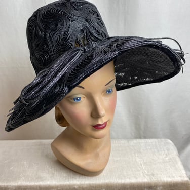 Absolutely amazing 60’s black hat Wide brim Gorgeous woven lacy sheer raffia special occasion Show stopper dramatic 
