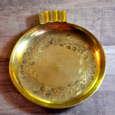 Vintage Brass Etched Ashtray Round Candle Dish Catch All Dish Home or Office Decor Collectible Ornate Etching Gift for Him Gift for Her MCM 