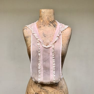 Vintage 1930s Pink Silk Chiffon Lace Collared Bib, 30s Dickie, Art Deco Vestee, Modesty Panel, One Size 