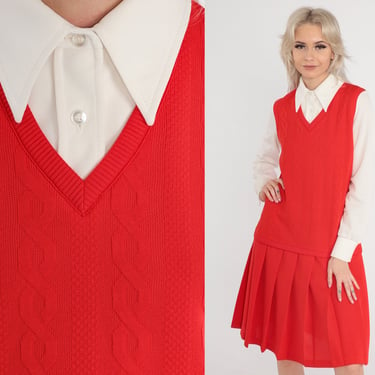 Pleated Mod Dress Red 60s 70s Scooter Dress Cable Knit Vest Nerdy Shift 70s Mini Drop Waist Polyester Vintage Long Sleeve Minidress Medium 8 