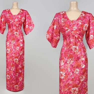 VINTAGE 50s 60s Pink Floral Hawaiian Wrap Bust Sexy Maxi Dress | 1950s 1960s Tiki Luau Pake Muu Gown | Nani Hawaii | VFG 