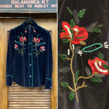 Vintage 1960’s Original Beaded Velvet Western Cowboy Glam Mod Floral Rockabilly Shirt, 60’s Vintage Clothing 