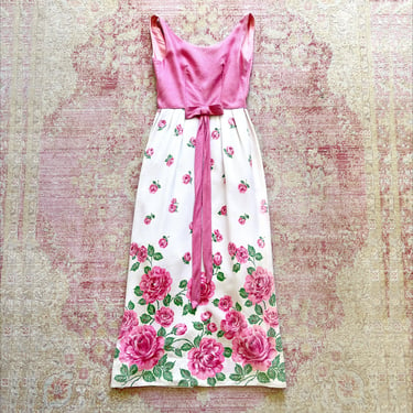 AS-IS *** Vintage 1960s 60s Rose Floral Printed Cotton Pink White Sheath Full Length Maxi Formal Cocktail Prom Party Dress (x-small) 