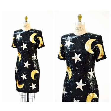 Vintage Sequin Dress Black Star Moon Medium Large By Modi// 90s Vintage Beaded Metallic Dress Stars Moons Pop Art Astrology Dress 