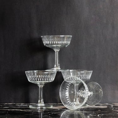 set of four vintage French etched glass champagne coupes