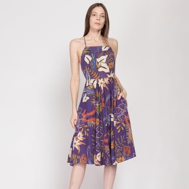 XS 70s Boho Purple Floral Backless Midi Sundress | Vintage Criss Cross Spaghetti Strap Open Back Pocket Fit & Flare Dress 