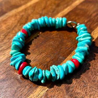 Turquoise Chip Coral Toggle Bracelet Multi Gemstone Vintage Jewelry Southwestern Style Fashion 