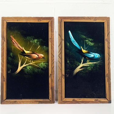 Vintage Set of 2 Framed Velvet Paintings Birds Wood Frame Painted Original Art Bohemian Pair 1970s 70s Boho 