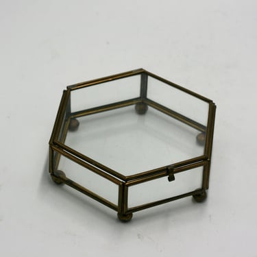 vintage glass and brass footed display box with six sides 