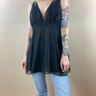 80s Black Lace V Neck Top / Lingerie Top / Medium 