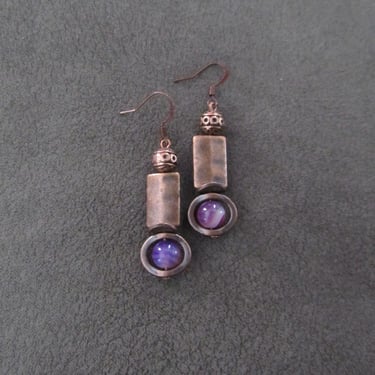 Purple marbled stone and copper earrings 