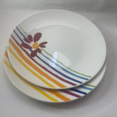 Vintage Pfaltzgraff Flourish Dinner Plates (Set of 2) | Colorful Floral & Striped Design | Vintage Dinnerware 