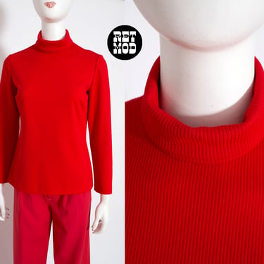 Great Vintage Basic - 60s 70s Warm Red Ribbed Long Sleeve Turtleneck Top 