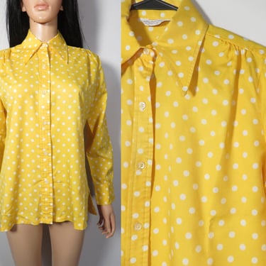 Vintage 70s Bright Yellow Polka Dot Dagger Collar Blouse Size M/L 