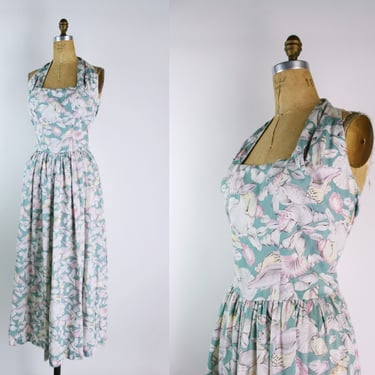 80s Seashells Halter Dress / 80s Maxi Dress / Nautical Dress /Seashell Dress/  Size M/L 