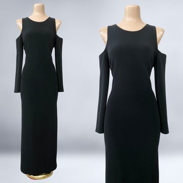VINTAGE 80s 90s Long Black Curvy Dress with Cutout Cold Shoulders by Expo M-XL | 1980s 1990s Avant-Garde Gothic Wiggle Cocktail Dress | VFG 