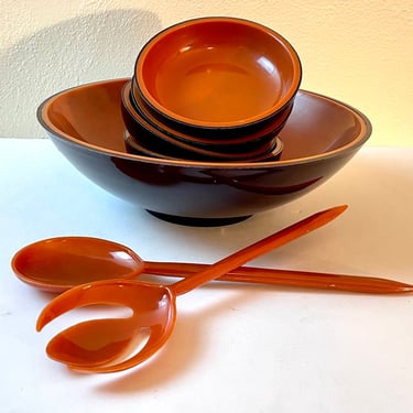 Vintage 60s Jaydon Haitian Thermo Plastic Salad Bowl Serving Set with Tongs 