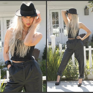 Vintage 80s High Waist Leather Pants Pleated trousers black  soft leather 2 pockets XS  S  M   Mint condition 