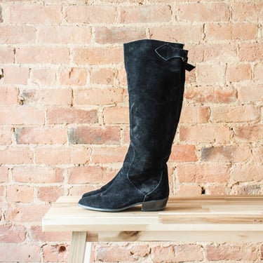 tall black leather boots | 80s 90s vintage black suede over the knee thigh high boots size 7 