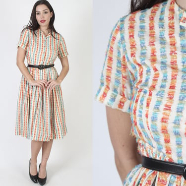 50s Rainbow Plaid Mid Century Dress, Vintage Full Circle Skirt MCM Outfit, Rockabilly Retro Checker Fuzzy Frock 